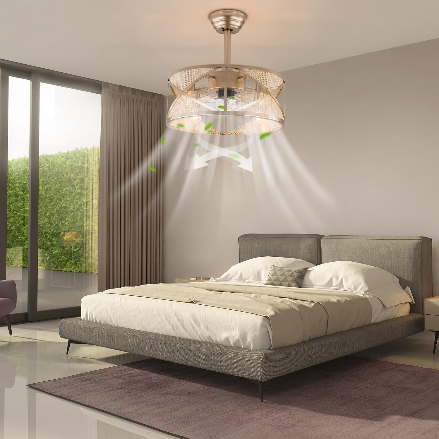 LOYALHEARTDY Gold Fandelier 18in 6-Speed Enclosed Caged Ceiling Fan With Lights Remote Control Antique Boho Rattan Light Downrod Mount, URF4I86GRFI8W