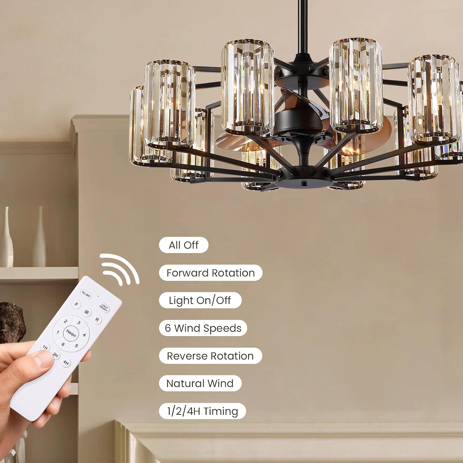 Large Crystal Caged Ceiling Fan with Light 10 Lights Vintage Black Crystal Chandelier Fan 34' Flush Mounted Ceiling Fan Light Fixture for Living Room Dining Room Hotel Foyer