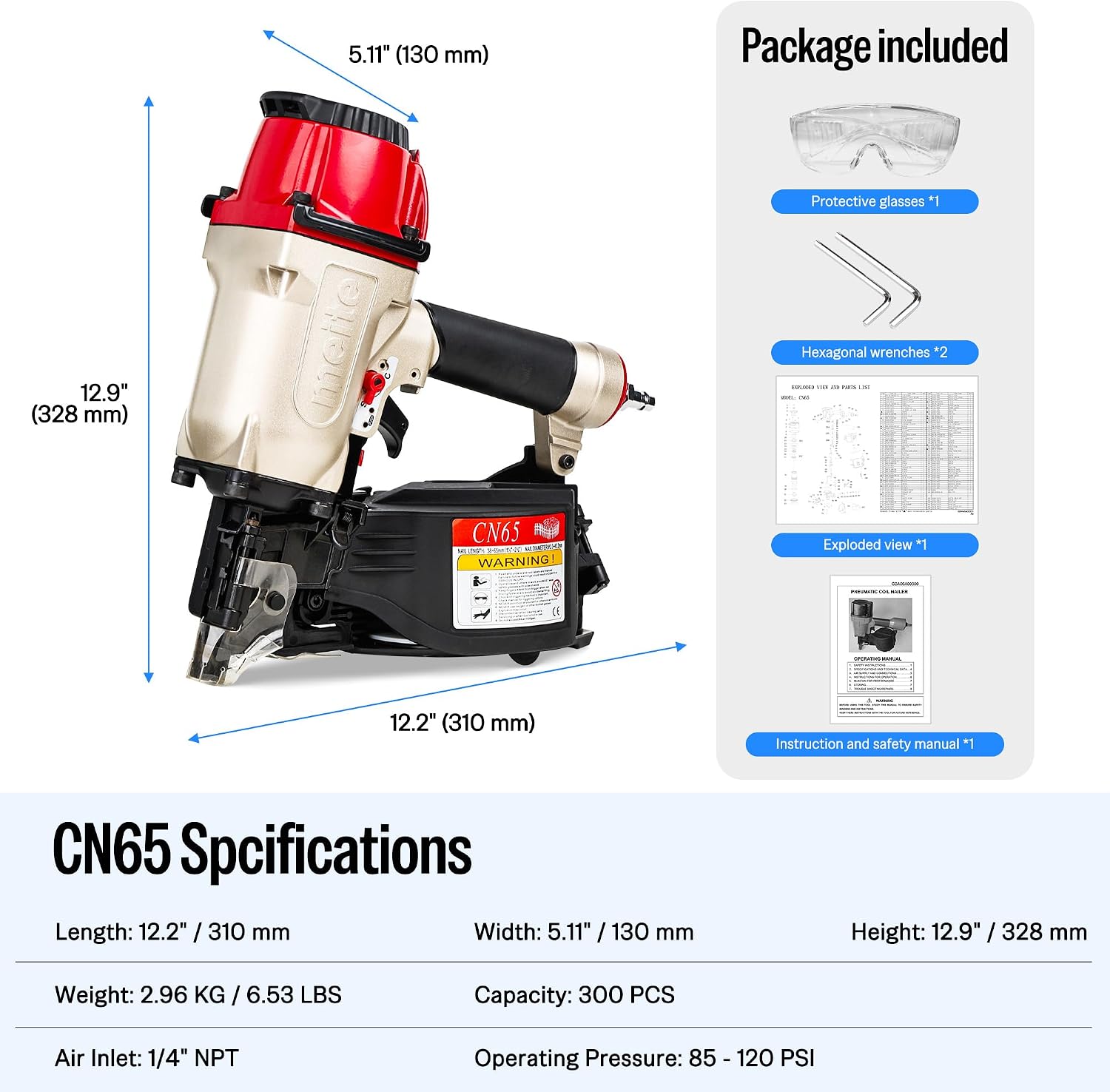meite CN65 Pneumatic Coil Nailer with 15 Degree Siding Nails 2' × .099'' - Air Coil Nail Gun with 300PCS Magazine, 360° Adjustable Exhaust for Framing Sheathing Pallets Hardwood Projects