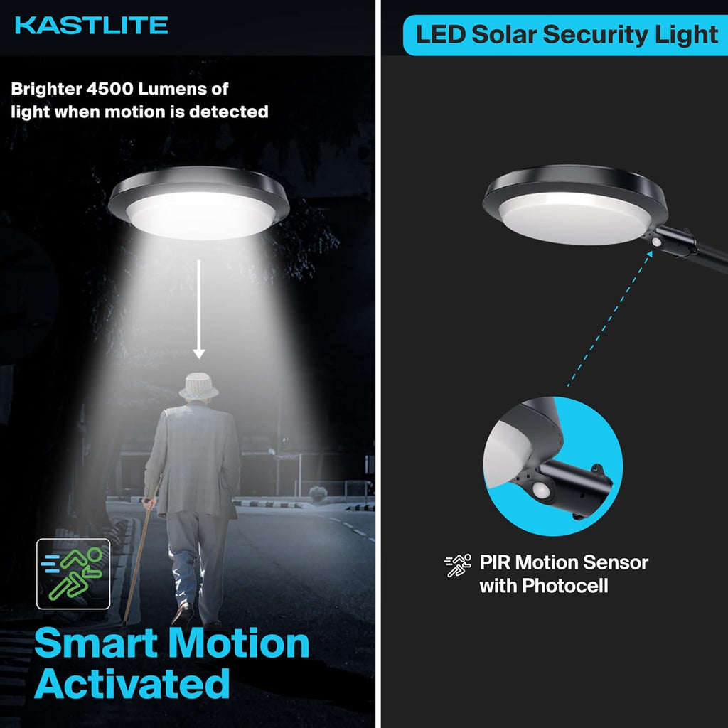 KASTLITE Solar Powered Dusk to Dawn LED Parking Lot Light with Motion Sensor | 150-Watt Equivalent Outdoor Security Lighting, Waterproof Flood Light for Yard, Garden & Driveway | 45W 5000K 4500LM