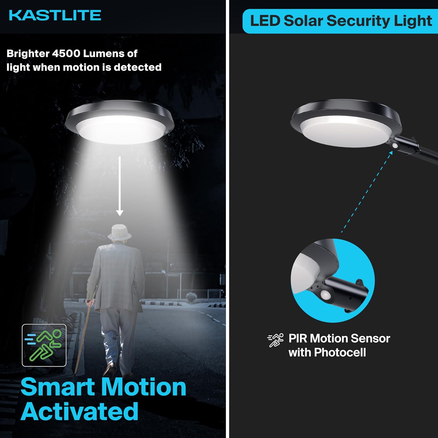 KASTLITE Solar Powered Dusk to Dawn LED Parking Lot Light with Motion Sensor | 150-Watt Equivalent Outdoor Security Lighting, Waterproof Flood Light for Yard, Garden & Driveway | 45W 5000K 4500LM