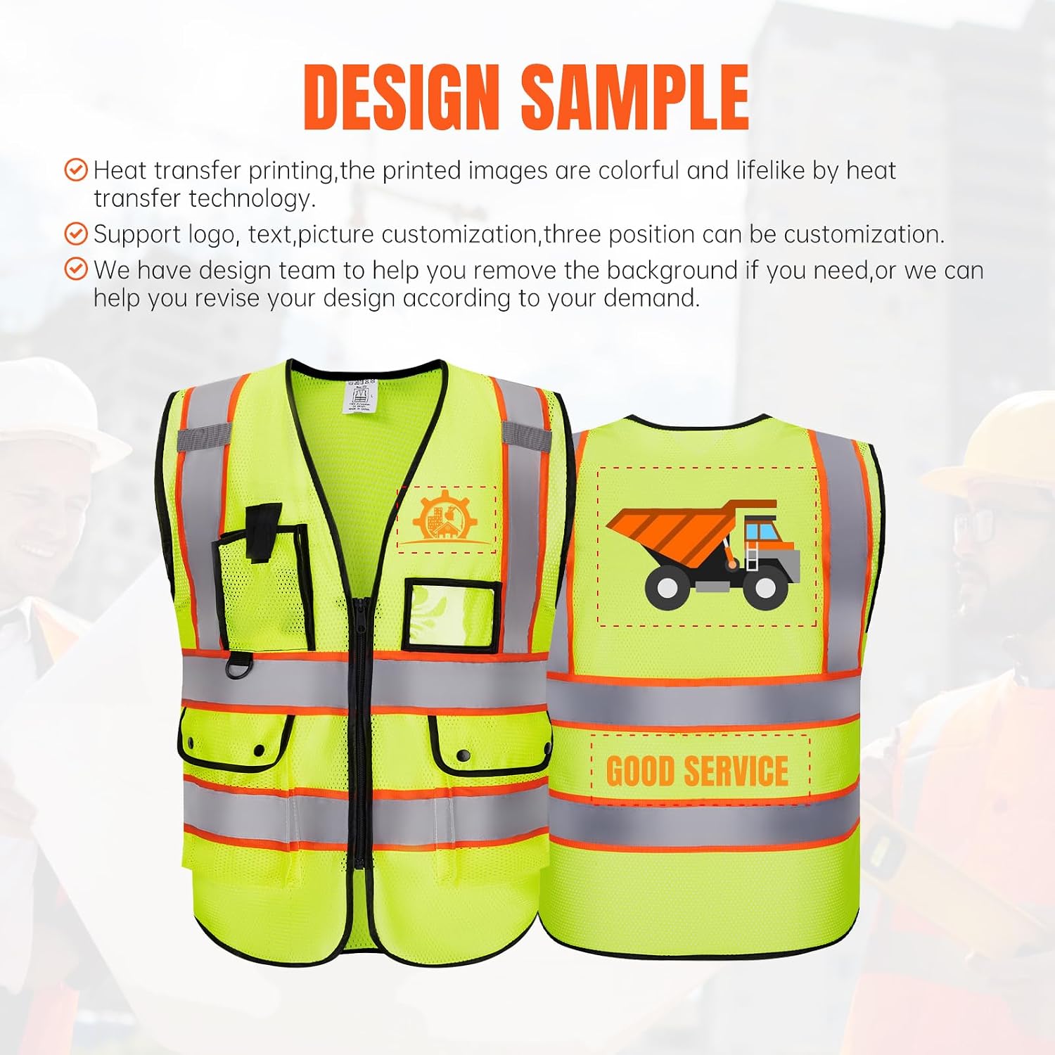Custom Logo Safety Vest High Visibility Reflective Vest Class 2 Standard with Pockets and Zipper