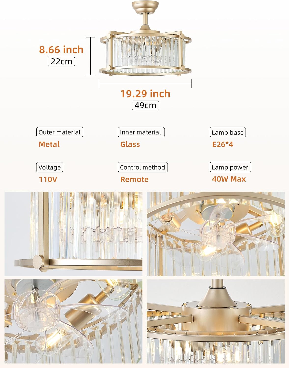 20' Gold Crystal Fandelier Ceiling Fans with Lights, Gold Crystal Industrial Chandelier Ceiling Fan with Light and Remote, Caged with 6 Speeds for Bedroom, Nursery, Living Room