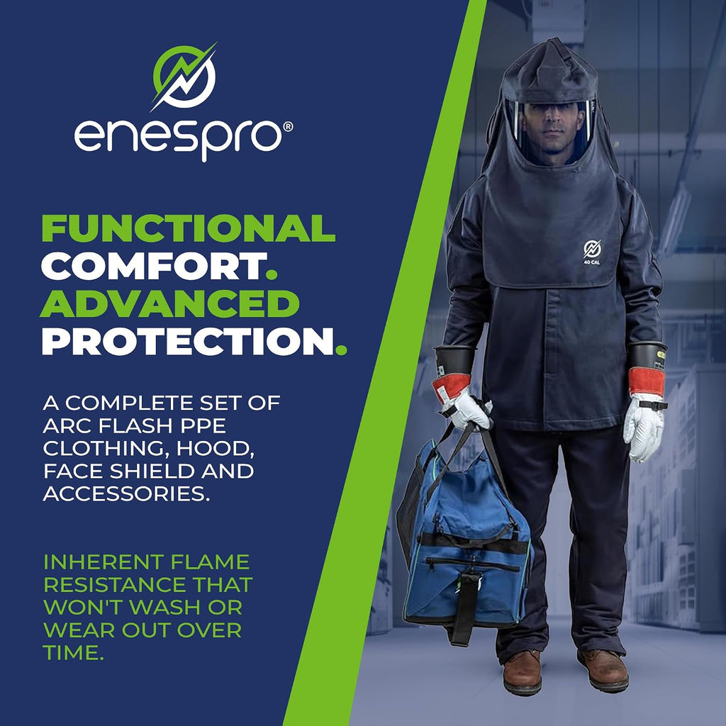 Enespro 40 Cal Arc Flash PPE Kit, CAT 4 Safe- with Arc Flash Face Shield, FR Overalls, Bib & Jacket for Workers