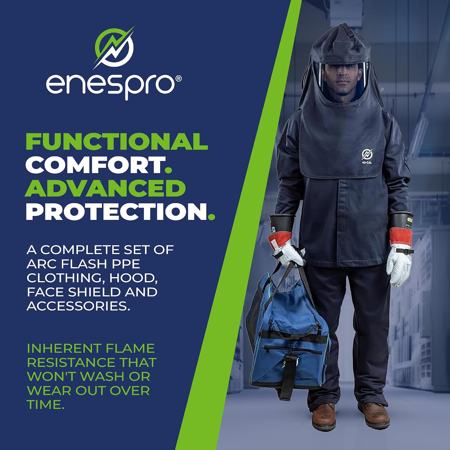Enespro 40 Cal Arc Flash PPE Kit, CAT 4 Safe- with Arc Flash Face Shield, FR Overalls, Bib & Jacket for Workers