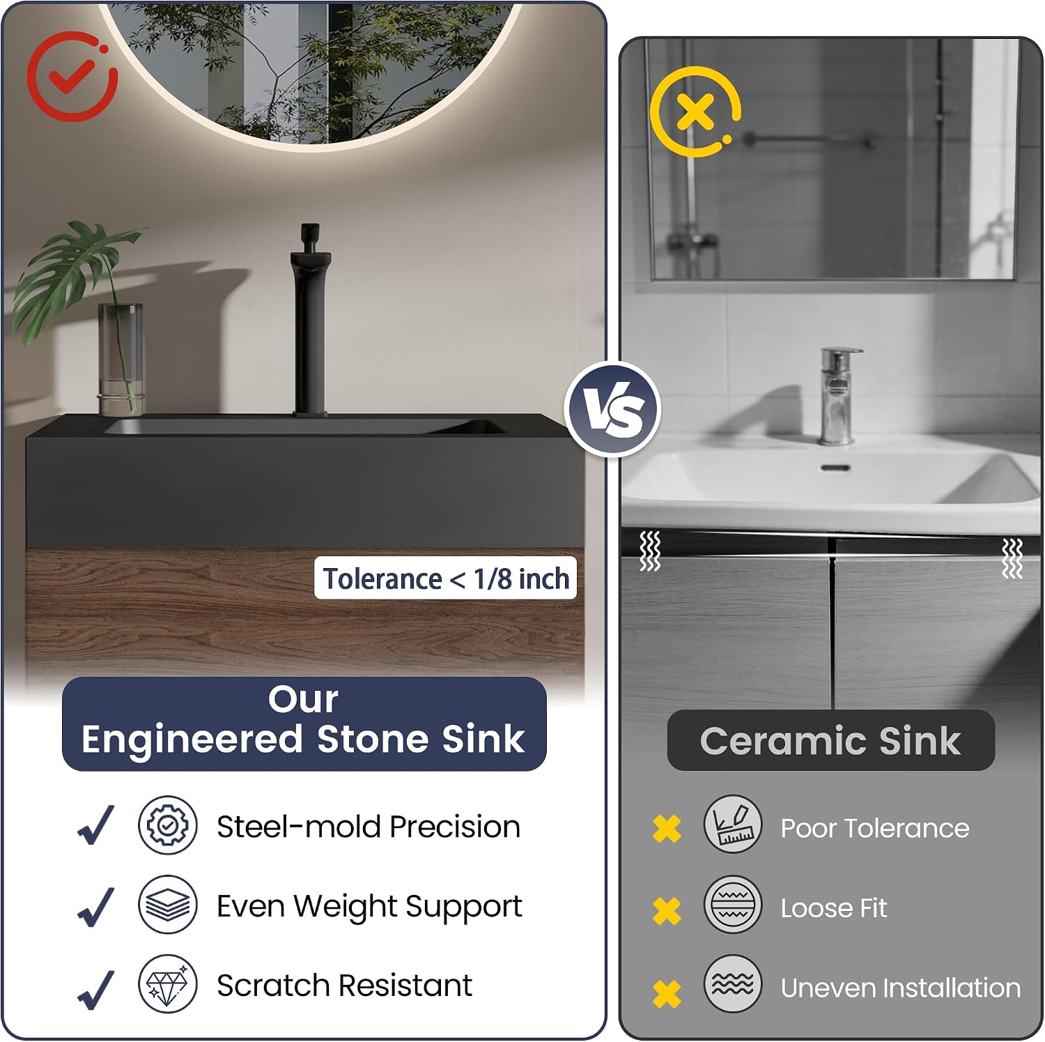 24 Inch Matte Black Vanity Sink – Solid Surface Bathroom Vanity Top with Integrated Sink, Easy-to-Clean Non-Porous Finish for Powder Room or Guest Bath