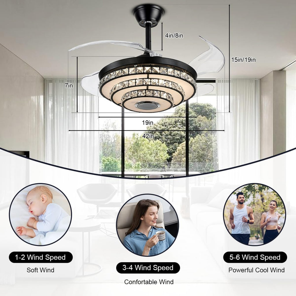 42' Fandelier Ceiling Fan with Light Bluetooth Speaker, Modern Retractable Reversible Chandelier Fan Black Crystal Ceiling Fan Light with Remote 6 Speeds 7 Color Change for Bedroom