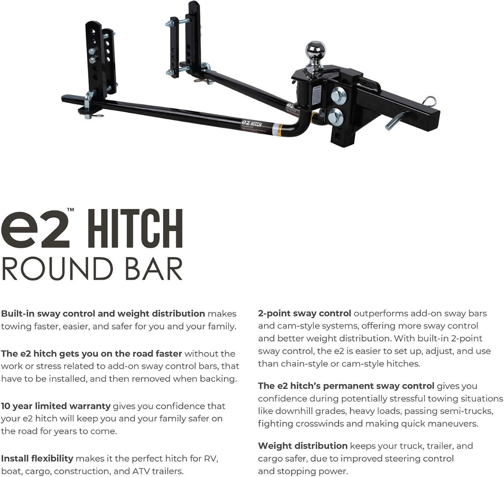 Fastway e2 2-Point Sway Control Round Bar Hitch, 94-00-1033, 10,000 Lbs Trailer Weight Rating, 1,000 Lbs Tongue Weight Rating, Weight Distribution Kit Does NOT Include Hitch Shank Or Ball