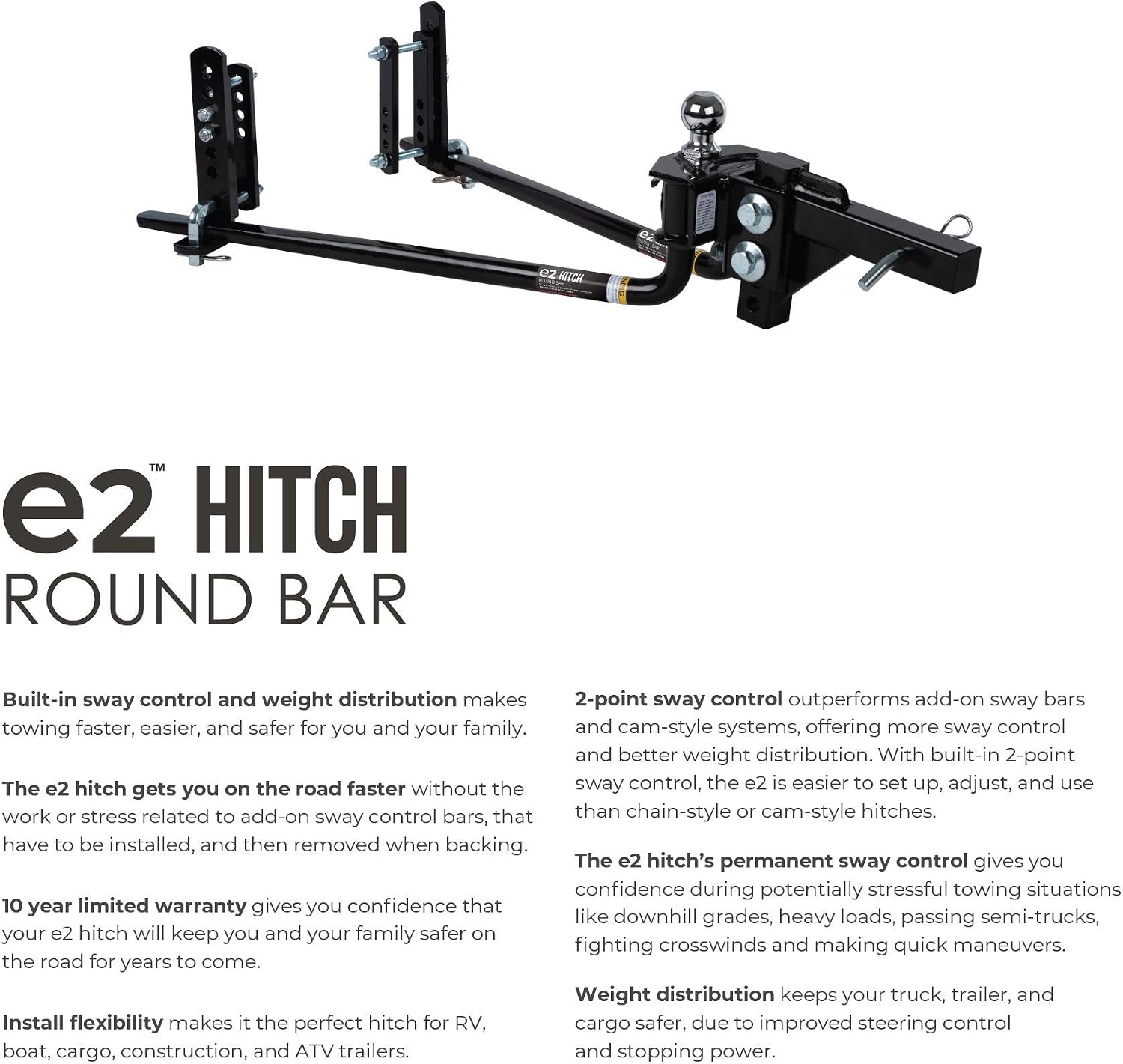 Fastway e2 2-Point Sway Control Round Bar Hitch, 94-00-1033, 10,000 Lbs Trailer Weight Rating, 1,000 Lbs Tongue Weight Rating, Weight Distribution Kit Does NOT Include Hitch Shank Or Ball