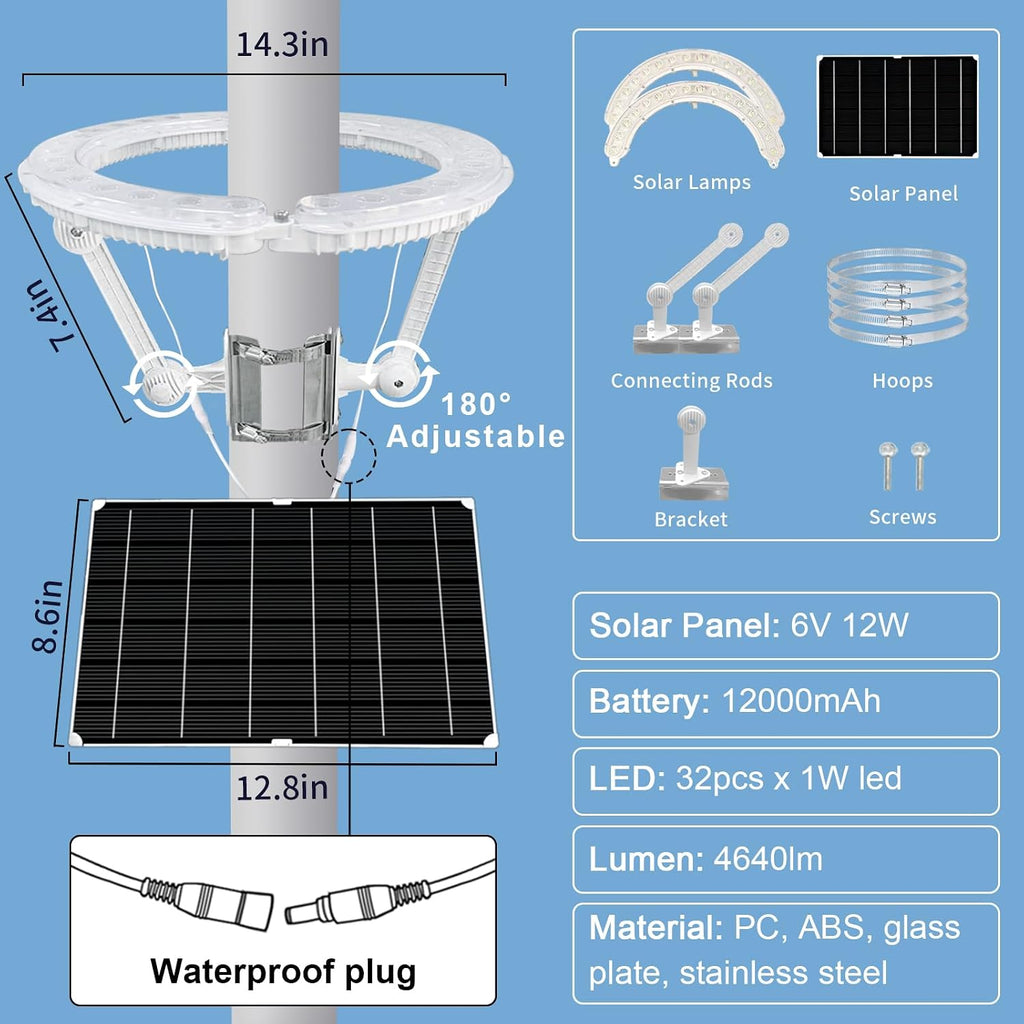 Flagpole Light Solar Powered, 32 Super-Bright LEDs Light Large High-efficient Solar Panel with Adjustable Metal Clamps Fits 2-6'' Flag Poles, for 15 to 25 Ft In-Ground Telescoping Flag Poles