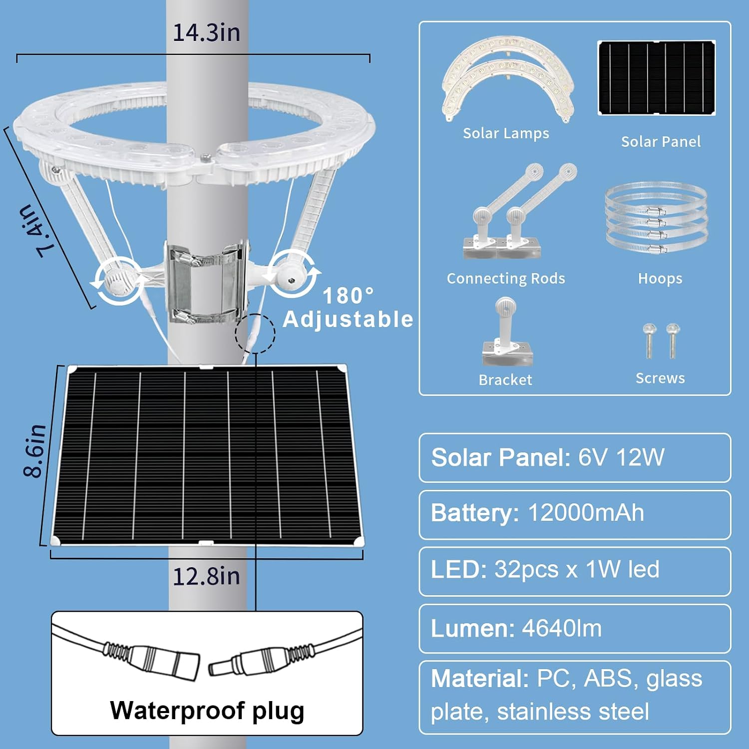 Flagpole Light Solar Powered, 32 Super-Bright LEDs Light Large High-efficient Solar Panel with Adjustable Metal Clamps Fits 2-6'' Flag Poles, for 15 to 25 Ft In-Ground Telescoping Flag Poles