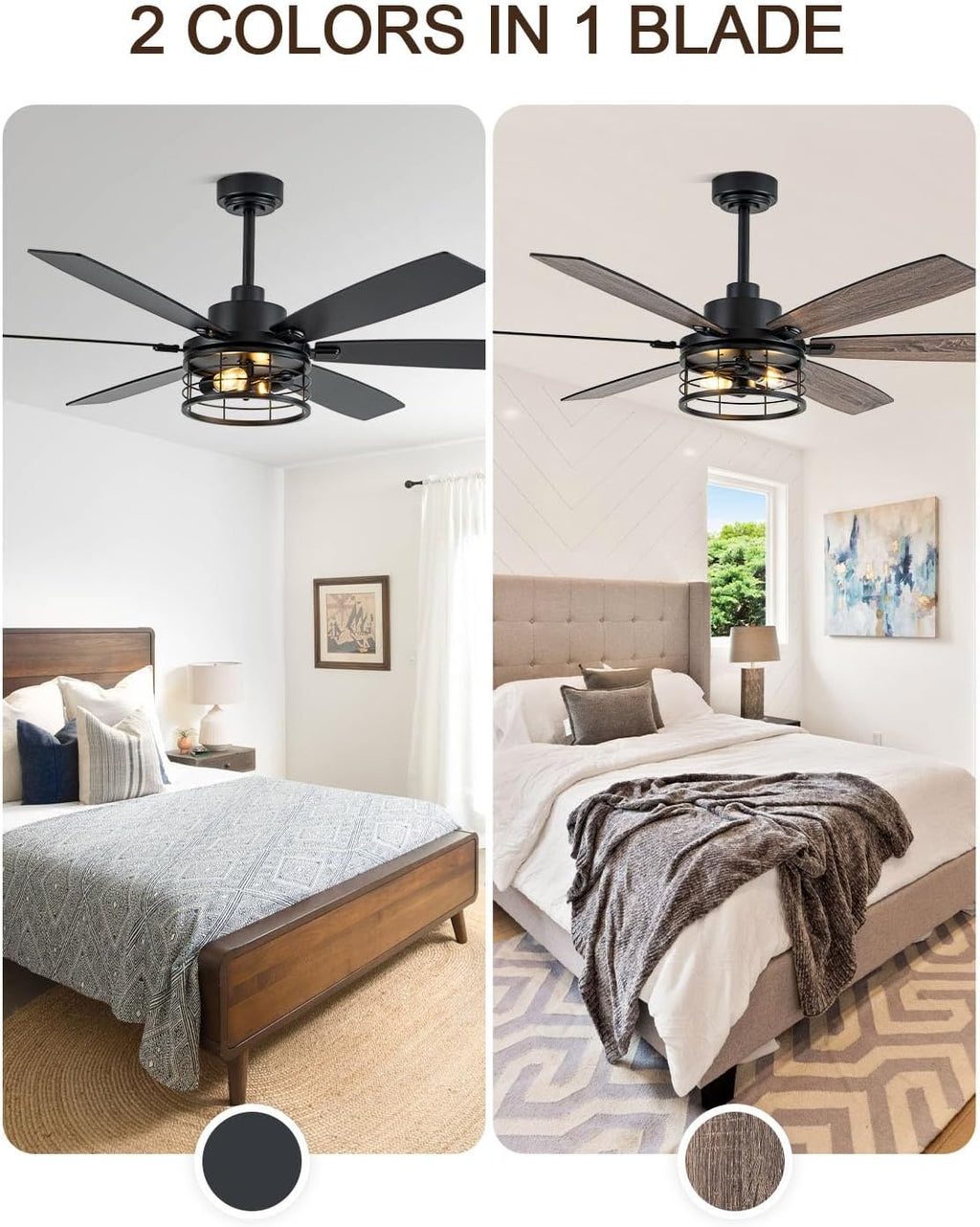 60 Inch Farmhouse Ceiling Fan with Lights and Remote Large Rustic Ceiling Fan Caged Fandelier Chandelier, 6 Dual Blades Reversible Quiet DC Motor 3CCT 6 Speed for Living Room Indoor Outdoor