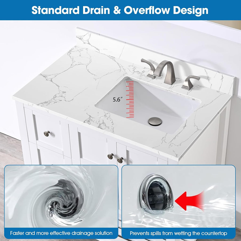36 Inch Engineered Stone Bathroom Vanity Sink Top, with Undermount Rectangular Right Side Sink, Vanity Countertop with 8 inch Faucet Hole Spacing and Backsplash in Lightning White