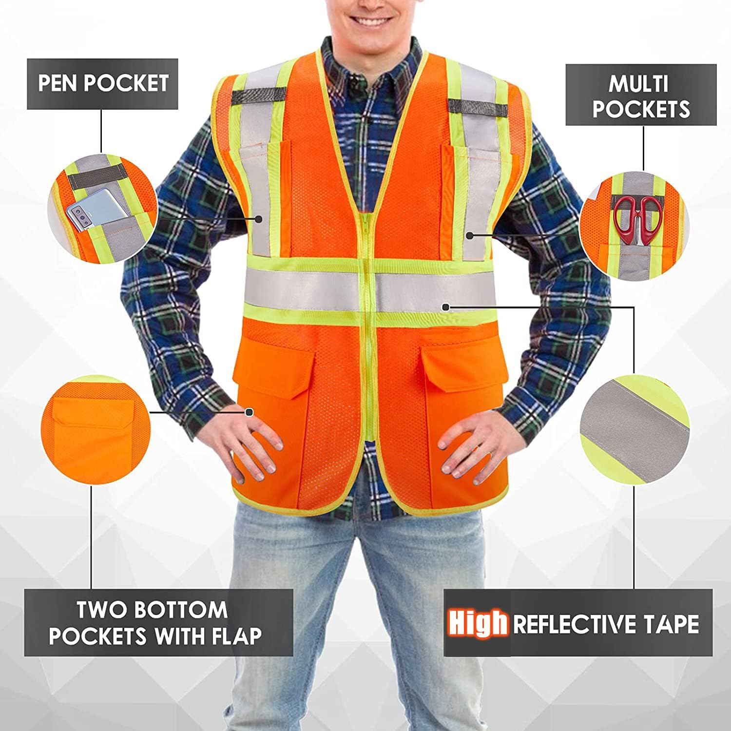 BeautyWill Custom Safety Vest Customized Logo Class 2 High Visibility Reflective Vest with Pockets Construction workwear