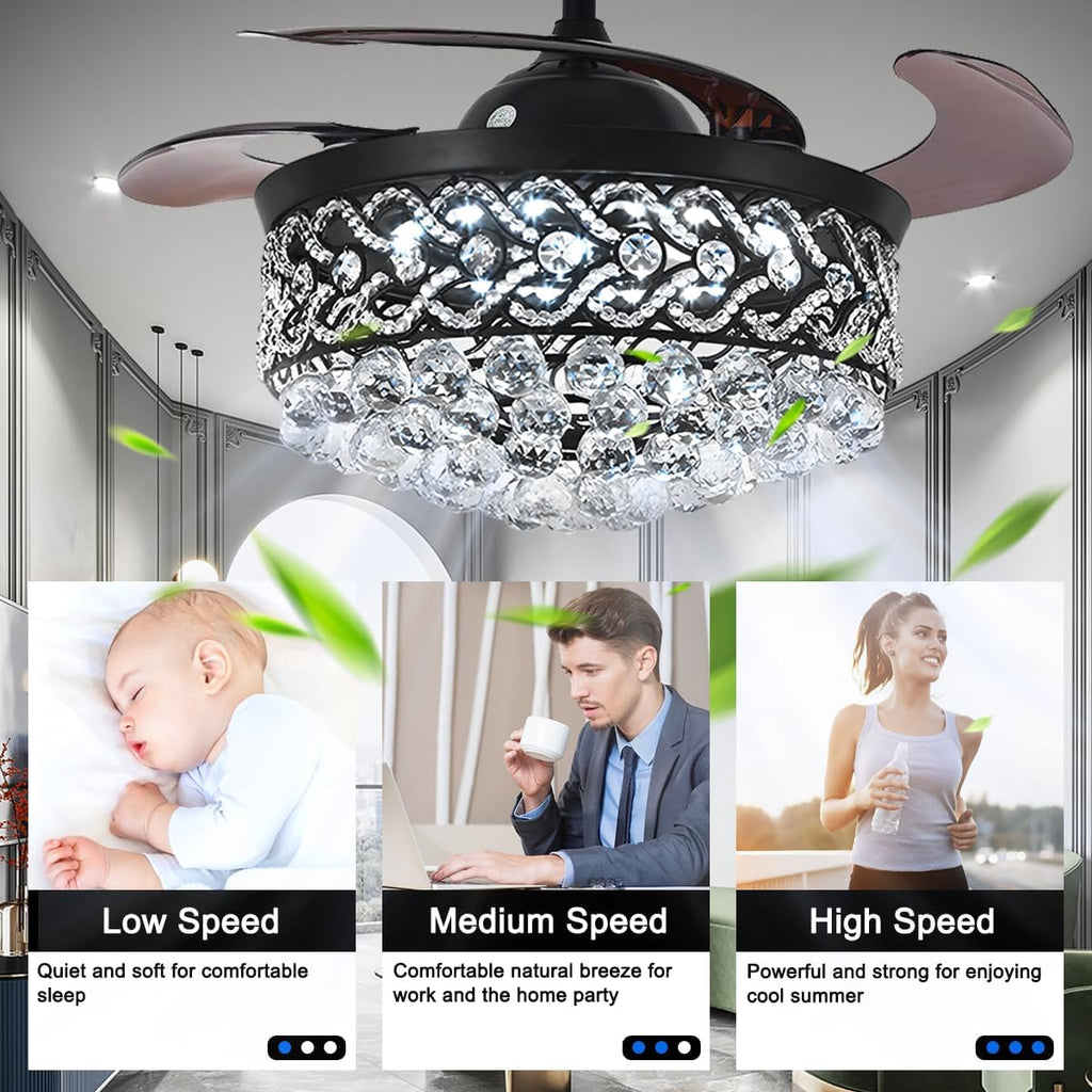 42' Black Love Luxury Crystal Ceiling Fan with Light 3 Color 3 Speed Modern Chandelier Fan with Remote Control Retractable Blades Fandelier for Living Room Bedroom