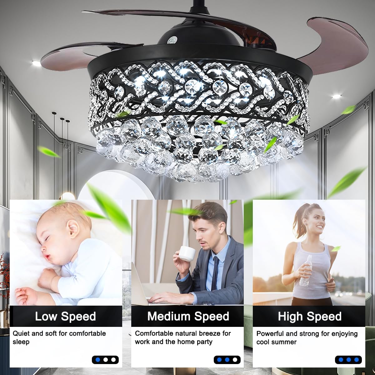 42' Black Love Luxury Crystal Ceiling Fan with Light 3 Color 3 Speed Modern Chandelier Fan with Remote Control Retractable Blades Fandelier for Living Room Bedroom