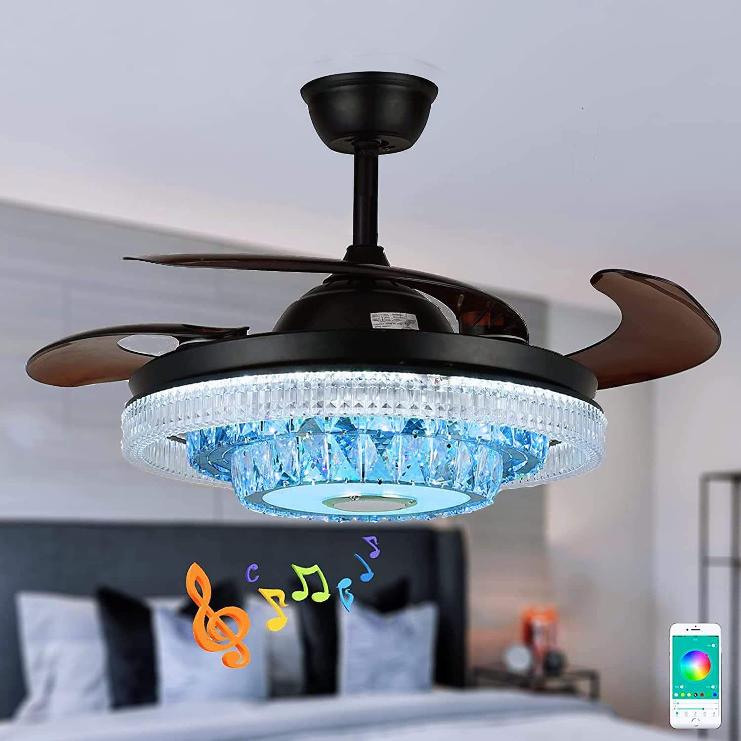 42' Modern Chandelier Ceiling Fan with Lights Reversible Blades, Fandelier with Bluetooth Speaker 7 Dimmable Colors 6 Speeds, Crystal Retractable Ceiling Fan with Remote Control Silent Motor