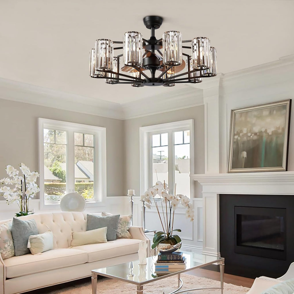Large Crystal Caged Ceiling Fan with Light 10 Lights Vintage Black Crystal Chandelier Fan 34' Flush Mounted Ceiling Fan Light Fixture for Living Room Dining Room Hotel Foyer