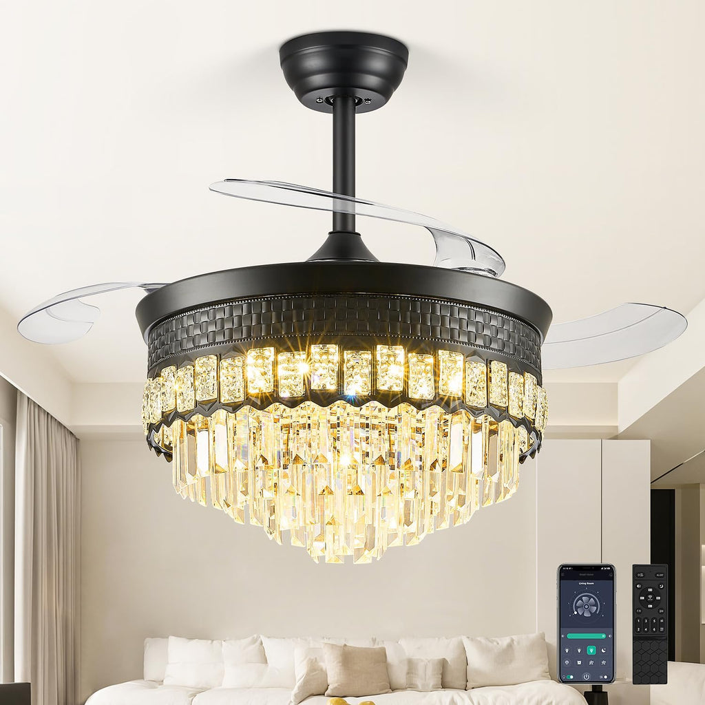 42' Fandelier Ceiling Fan with Lights,Crystal Retractable Ceiling Fan with Light,Chandelier Fans for Bedroom,Living Room,Reverse Motor,6 Speeds,3 Color Temperatures,Remote & APP Control-Black