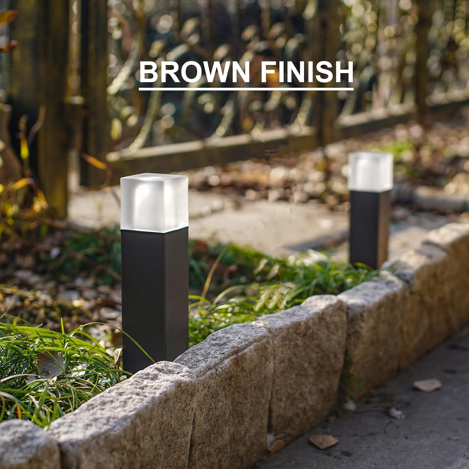 GOODSMANN Low Voltage Pathway Lighting 8PK Bollard Landscape Lights Kits 2W 2700K Warm White LED Wired Path Light 100 Lumens Outdoor Metal Brown Finish Walkway Driveway Light with Connector Stake