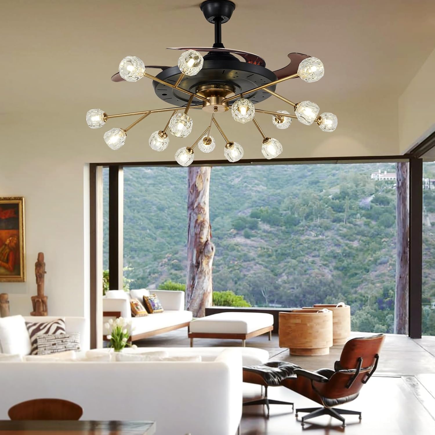 42' Modern Retractable Chandelier Ceiling Fan and Remote, Elegant Black 15-Light Fandelier Ceiling Fan with Reversible Blades 6 Speeds Silent Motor for Living Dinning Room