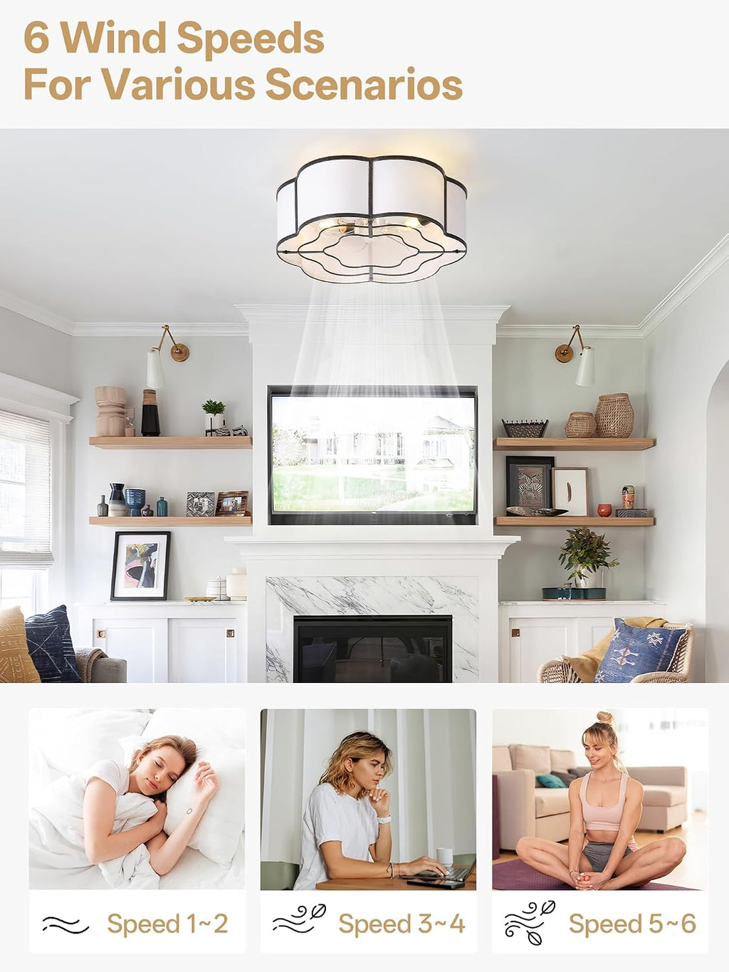 20' Farmhouse Ceiling Fan with Lights Flush Mount, Black Enclosed Ceiling Fans with Lights Remote Control, Caged with 6 Speeds for Bedroom, Living Room, Nursery