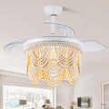 42'' Retractable Ceiling Fans with Lights and Remote,Bohemian Ceiling Fans with Wooden Beads,E26 Metal Bulb Base,6 Speeds Reversible Bladeless Ceiling Fan for Bedroom Living Room Kitchen