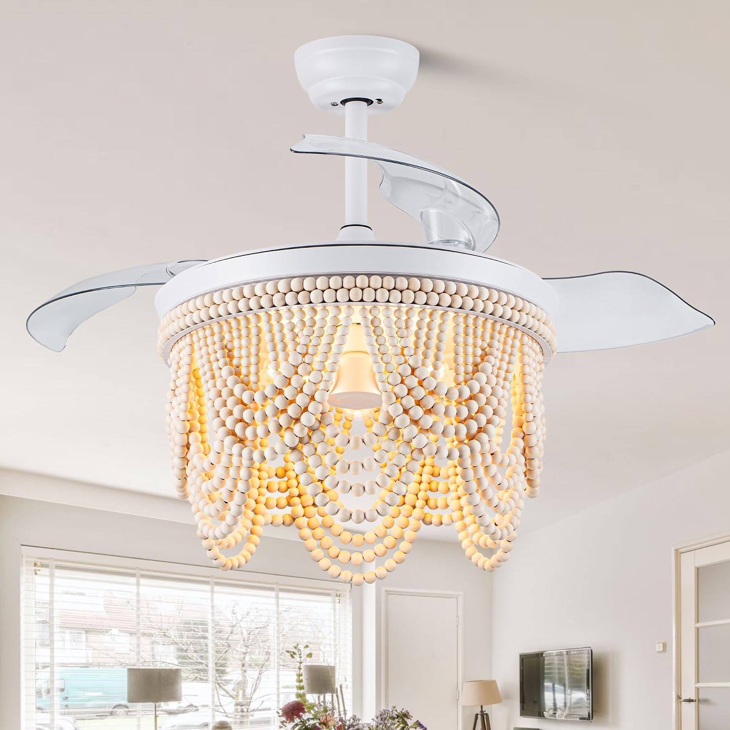 42'' Retractable Ceiling Fans with Lights and Remote,Bohemian Ceiling Fans with Wooden Beads,E26 Metal Bulb Base,6 Speeds Reversible Bladeless Ceiling Fan for Bedroom Living Room Kitchen