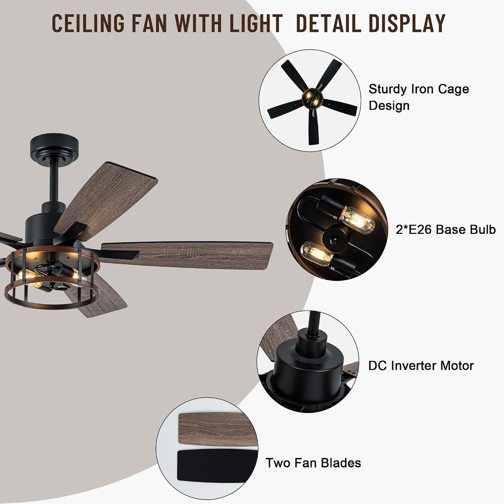 52IN Farmhouse Ceiling Fans with Lights and Remote,Chandelier Ceiling Fan with Reversible DC Motor,5 Double Finish Wood Blades,6 Speeds,Rustic Caged Ceiling Fan for Living Room,Dining Room,Bedroom
