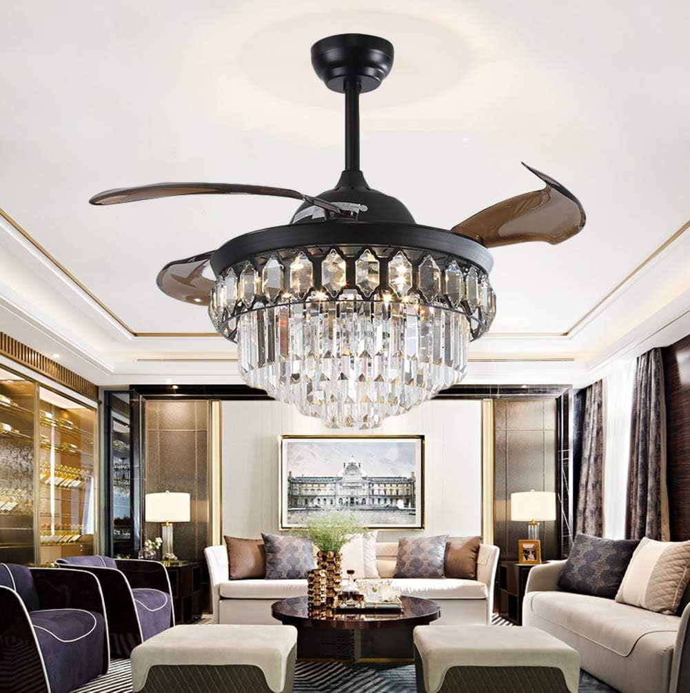 42' Retractable Blade Ceiling Fan with Crystal Modern Fandelier Ceiling Fan with Lights Indoor LED Luxury Ceiling Fan Chandelier,3 Lighting Color Nosie-Free Fan Rustic Black