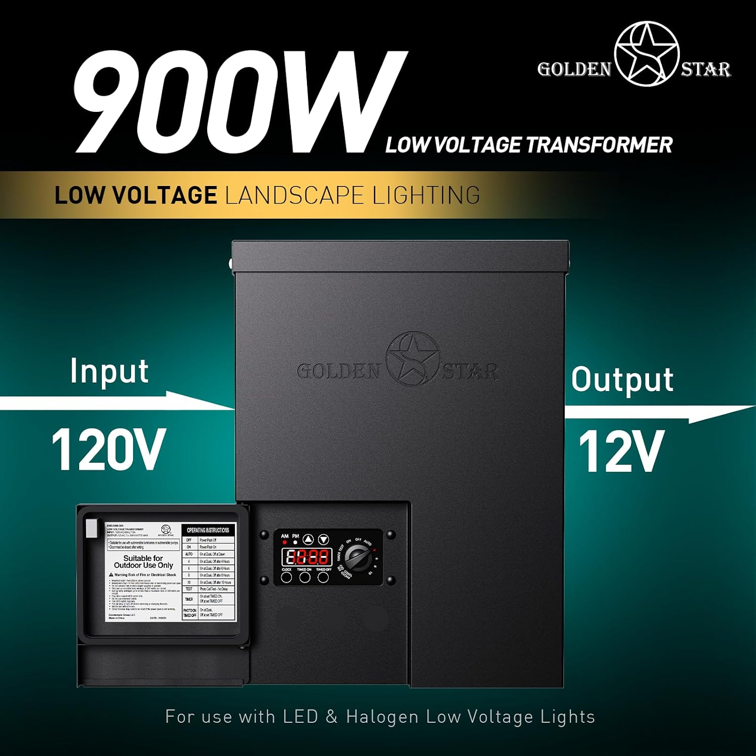 GOLDEN STAR 900W Low Voltage Transformer Outdoor Landscape Power Pack 120V AC to 12V&14V AC with Sensor and Weather Shield for LED Landscape Lighting, Spotlight, Pathway Light, ETL Listed