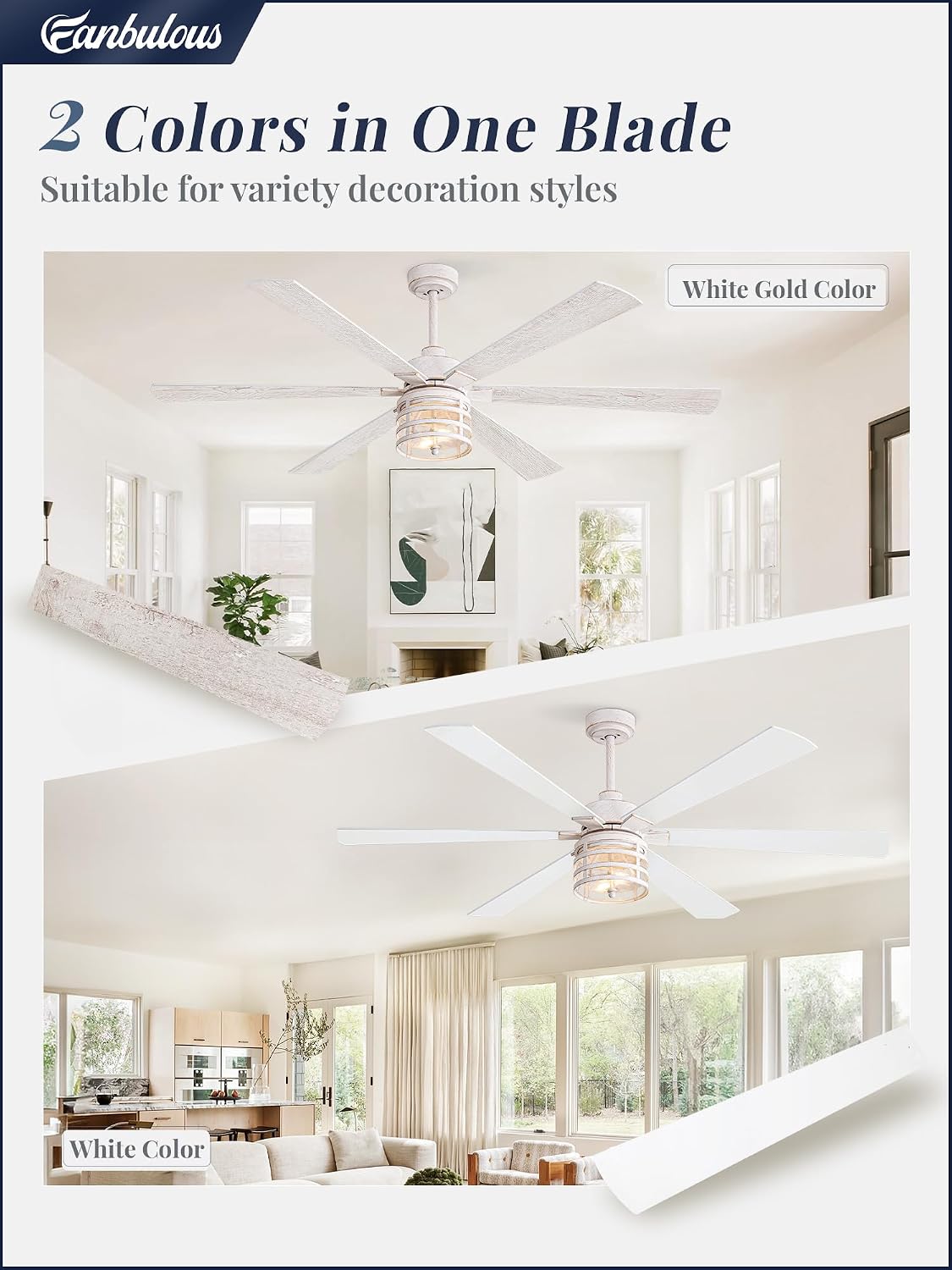 65 Inch Modern Ceiling Fans with Lights and Remote,Farmhouse Large Ceiling Fan with 6-Speed Reversible DC Motor and 6 Dual Finish Blades,White Ceiling Fan with Light for Living Bedroom Patio