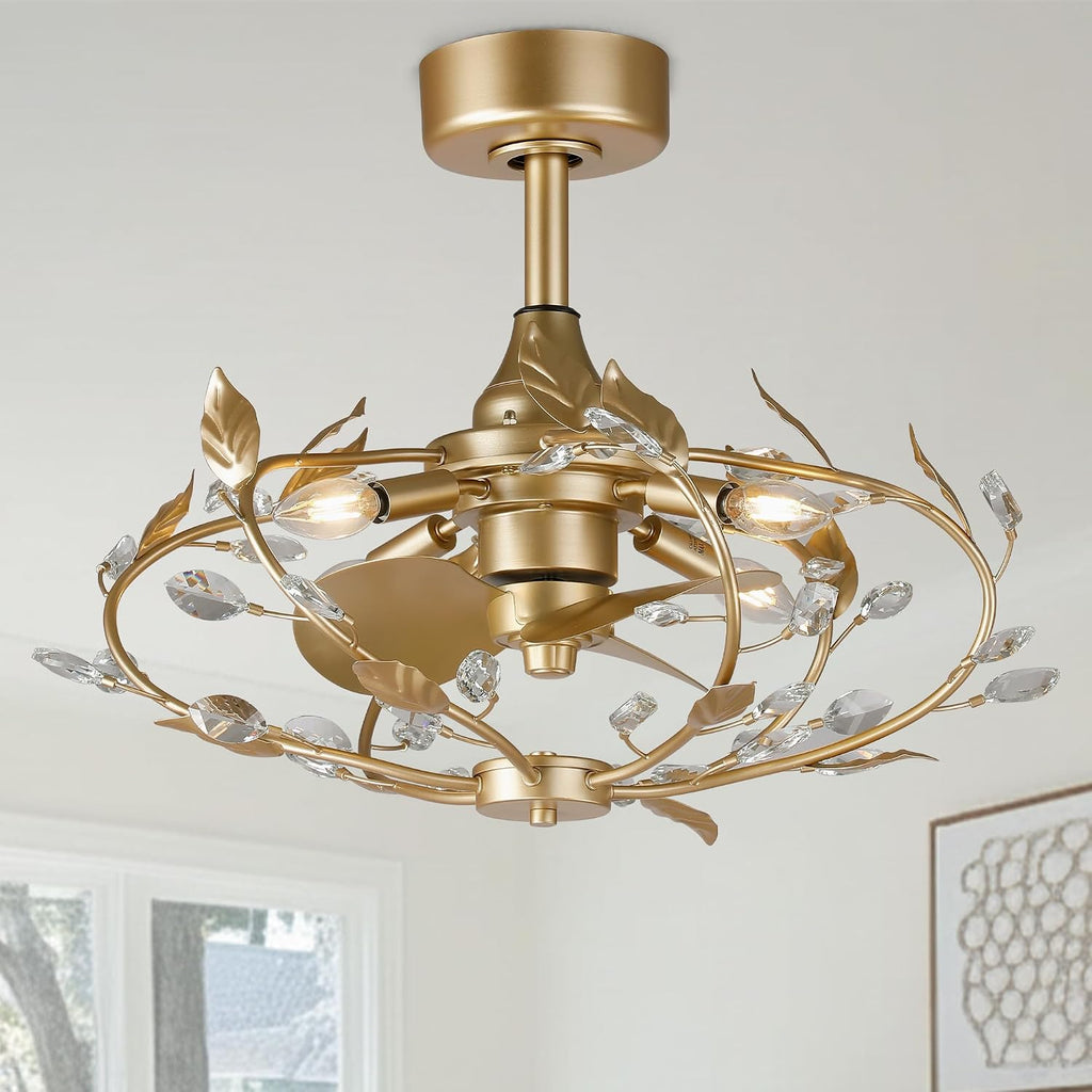 24' Gold Chandelier Ceiling Fans with Lights and Remote, Modern Crystal Leaf Caged Ceiling Fan, Quiet 6-Speed Reversible DC Motor, Dimmable Small Low Profile Ceiling Fan for Bedroom, Dining Room, E12