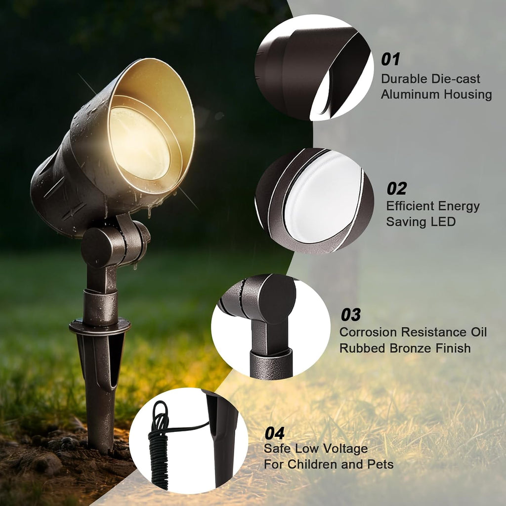 Low Voltage Landscape Lights, 2700/3000/4000K Selectable, 4W 12V Aluminum Landscape Spotlights, CRI 90, IP65, Outdoor Landscape Lighting for Yard, Garden, Tree, Lawn, ETL/FCC Listed, 8PK