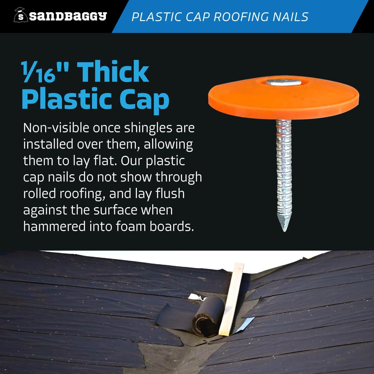 Sandbaggy 1' Plastic Cap Roofing Nails - Ring Shank, Electro Galvanized - Roof Underlayment, Felt Paper, House Wrap, Tar Paper (10000)