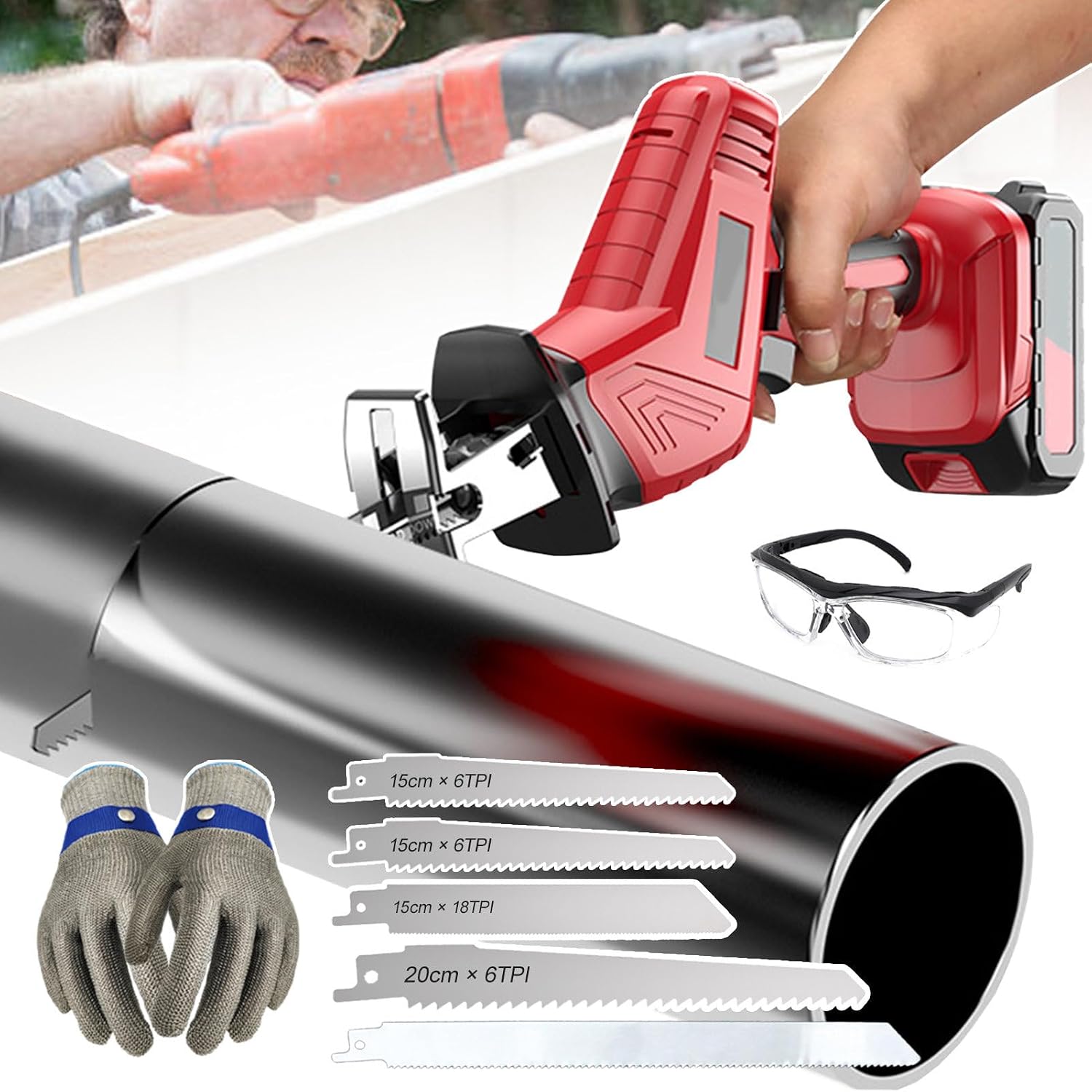 Professional Butcher Bone Saw-Cordless Reciprocating Saw with 5 Blades,Handheld Electric Bone Meat Cutter Tool, Multifunctional Meat Bone Saw for Bone/Meat/Wood/Metal/PVC Cuting,1Battery