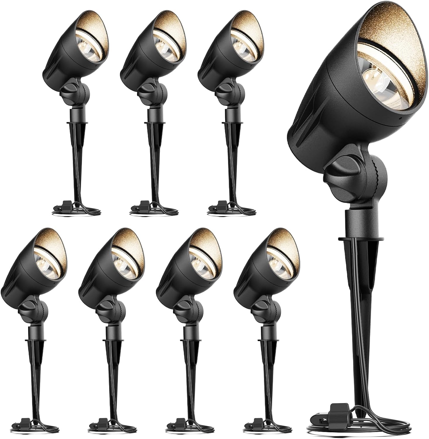 GOODSMANN Low Voltage Spotlights 12V AC Black Landscape Lighting Kit 8PK 5W LED Spot Lights 400 Lumen Warm White Outdoor Hardwired Replaceable LED Floodlights with Connectors and Metal Stakes