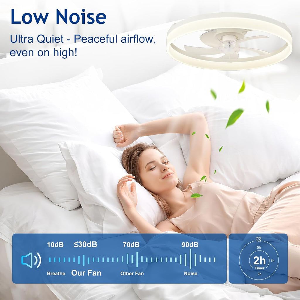 DLLT Bladeless Ceiling Fans with Lights: 24 Inch Modern Flush Mount Low Profile Ceiling Fan with APP Remote Control - White Enclosed LED Fandelier Dimmable Quiet DC Motor for Bedroom Living Room
