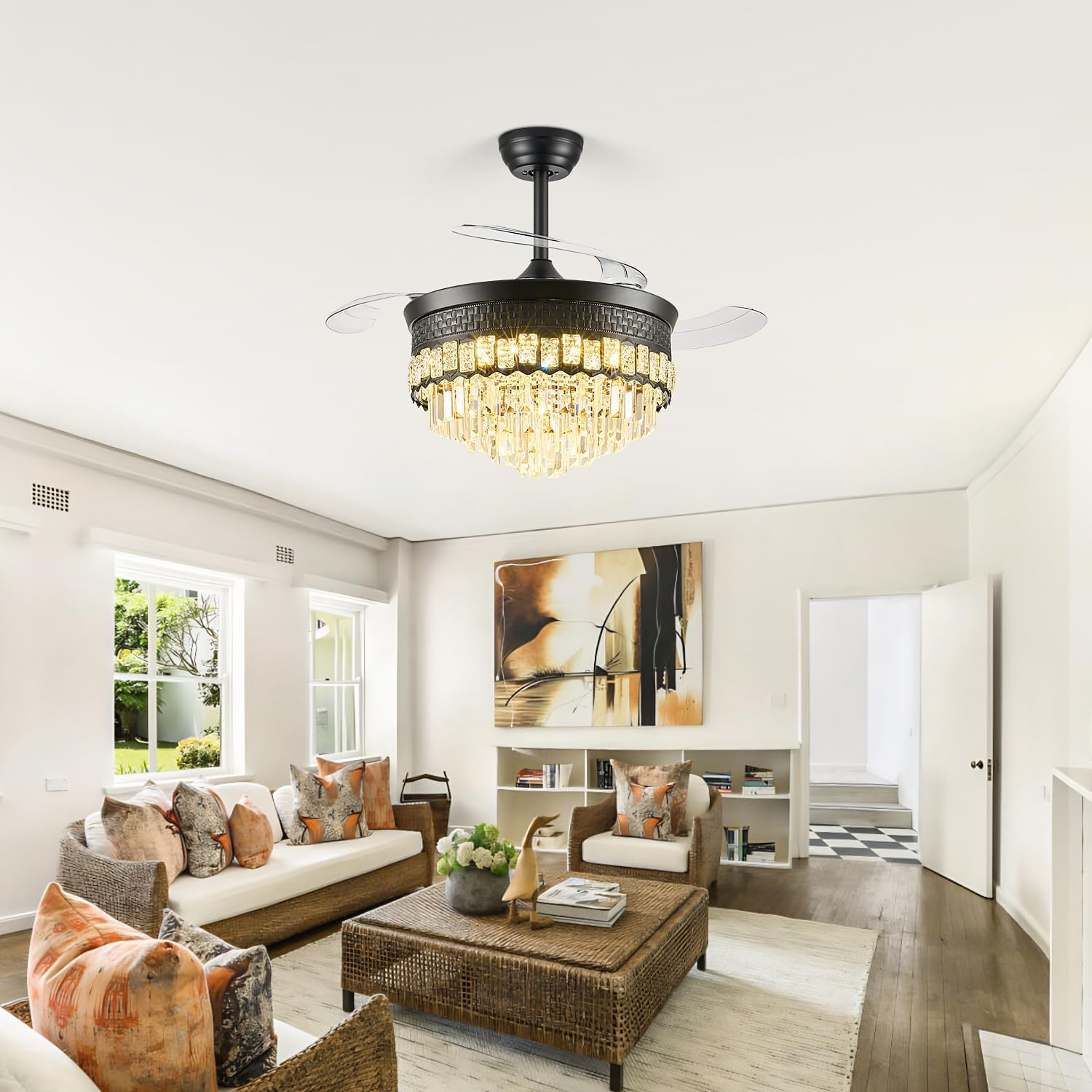 42' Fandelier Ceiling Fan with Lights,Crystal Retractable Ceiling Fan with Light,Chandelier Fans for Bedroom,Living Room,Reverse Motor,6 Speeds,3 Color Temperatures,Remote & APP Control-Black