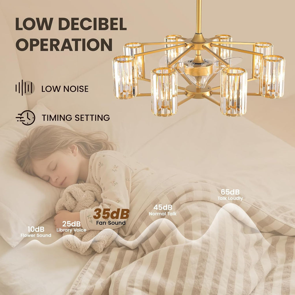 36' Large Crystal Fandelier Dimmable 6-Light Vintage Flush Mounted Chandelier Ceiling Fan Gold Ceiling Fans with Lights and Remote for Dining Living Room Kitchen