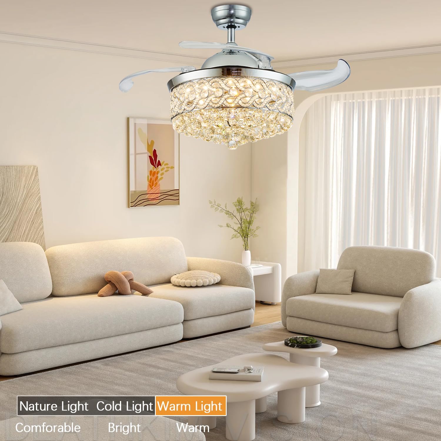 DuMaiWay 48' Chandelier Ceiling Fan, Modern Crystal Fandelier Retractable Invisible Blade LED Lighting with Remote Control for Bedroom Dining Room Living Room 3 Light Change Silver