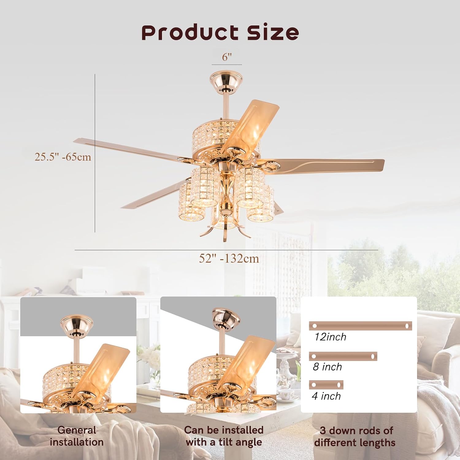 Fandelier Ceiling Fan with Light,52 inch Crystal Chandelier Fan,Remote Control,6-Speeds, Quiet Reversible DC Motor,Luxury Rose Gold Ceiling Fan for Indoor Living Room Dining Room E26