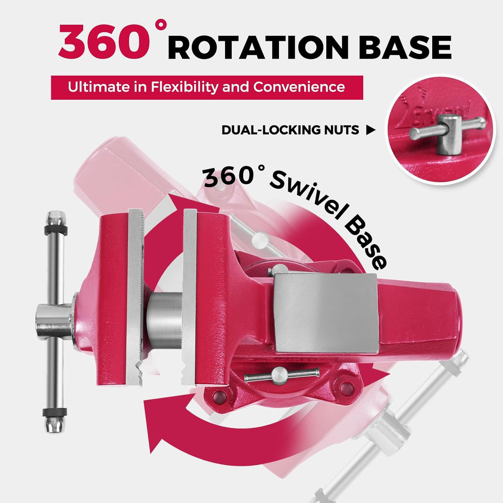 Forward Round Bench Vise 6 Inch, 1760B Economic Industrial Vice PRO with 360° Swivel Base, 6' Jaw Width, 6' Max Jaw Opening, 3-3/4' Throat Depth, 86,000PSI Ductile Iron