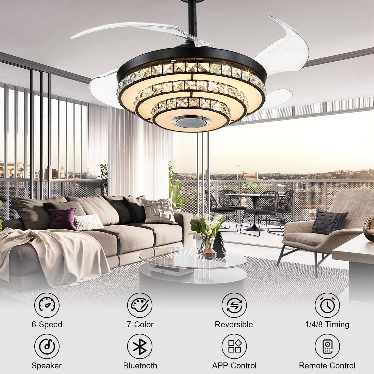 42' Fandelier Ceiling Fan with Light Bluetooth Speaker, Modern Retractable Reversible Chandelier Fan Black Crystal Ceiling Fan Light with Remote 6 Speeds 7 Color Change for Bedroom