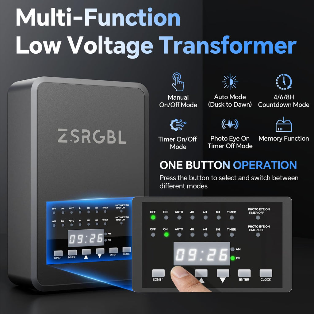 600W Low Voltage Transformer with 2 Zone Independent Control 120V AC to 12/14V AC Outdoor Weatherproof Landscape Lighting Transformer with Photocell Sensor and Timer for Spotlights, ETL Listed