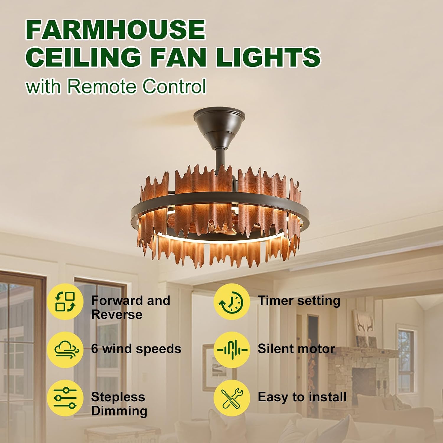 19.7' Rustic Caged Ceiling Fan with Light, Farmhouse Wood Fandelier Ceiling Fan, 6 Speed and Reversible, Dimmable LED Chandelier Fan with Charred Leaves for Bedroom, Kitchen, Living Room