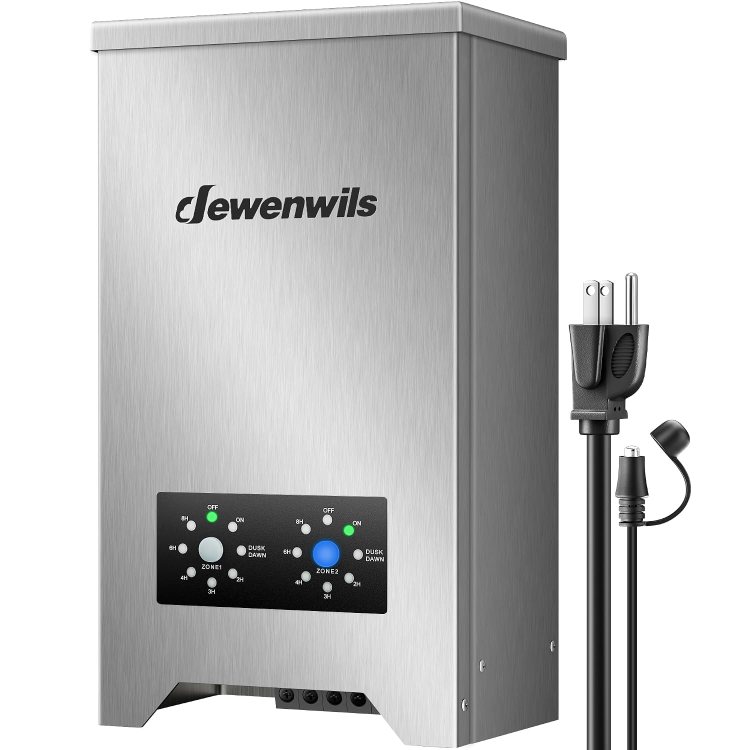 DEWENWILS 300W Low Voltage Landscape Transformer 2-Zone, Stainless Steel Landscape Lighting Transformer with Photocell Sensor & Countdown Timer, 120V AC to 12V/15V AC, Weatherproof for Outdoor Lights
