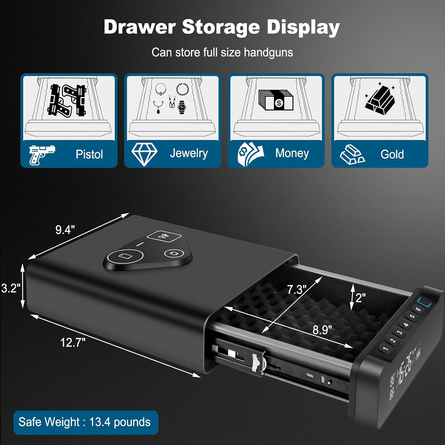 Fingerprint Biometric Gun Safe, Clock Handgun Safe with 3-in-1 Watch & Phone Wireless Charging, Drawer Lock for Hand guns, Cash, Valuables- with Humidity |Temperature| Alarm Clock| Time