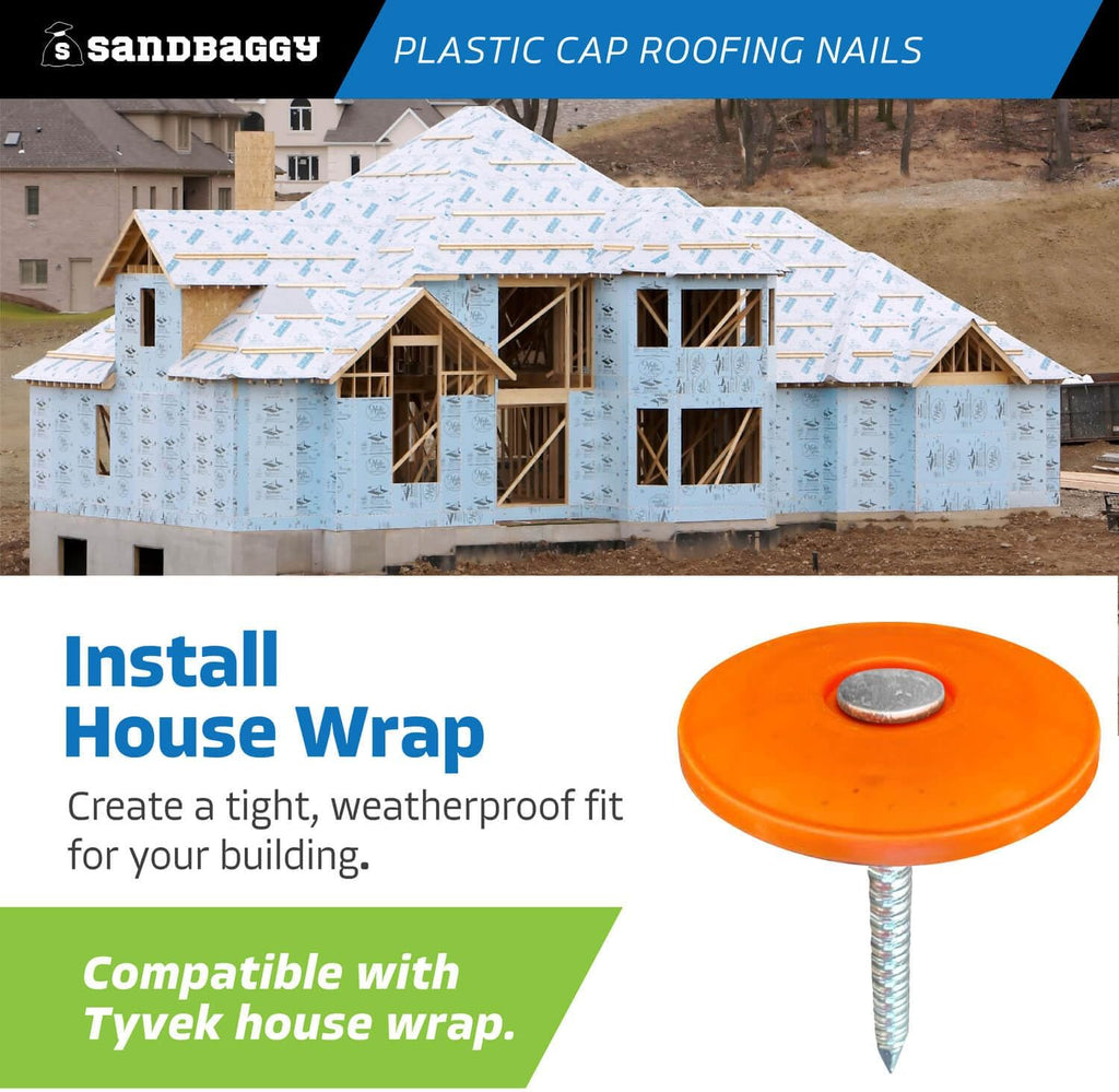 Sandbaggy 1' Plastic Cap Roofing Nails - Ring Shank, Electro Galvanized - Roof Underlayment, Felt Paper, House Wrap, Tar Paper (42000)