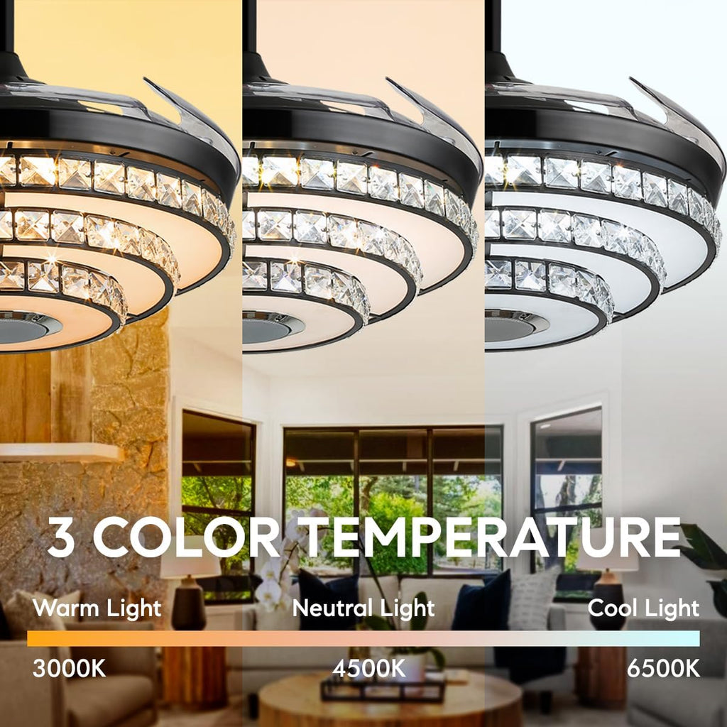 42''Black Modern Crystal Ceiling Fan with Light, 3 Speeds Changes 7 Colors Dimmable Fandelier Bluetooth Speaker Music Ceiling Fans Modern 2 Layers Crystal Light Fixture for Bedroom,Living Room